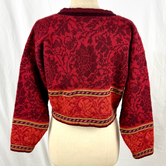Oleana Norwegian Story Sweater M/L Red Orange Floral Wool Cropped Cardigan - Picture 3 of 13